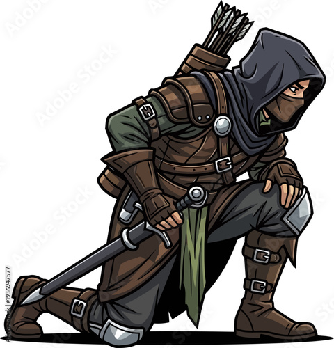 Hooded assassin kneeling in a stealthy scouting pose
