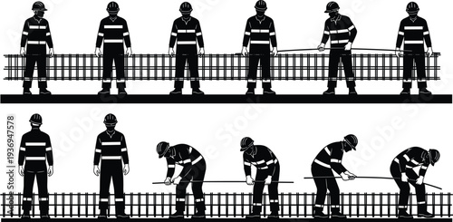 Black and white vector illustration of construction workers in safety gear installing rebar reinforcement at a building site for industry.