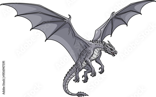 Grey dragon gliding through air with wings fully extended