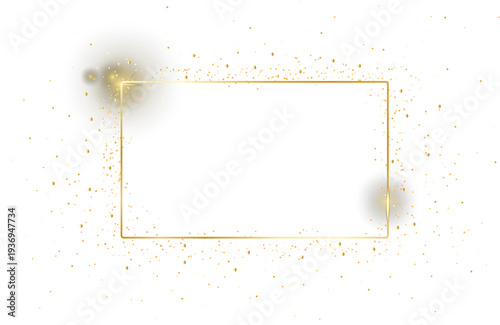 Gold shiny glowing vintage frame with glitter ambient background. Golden luxury realistic rectangle border with stars. Invitation, sale, party, card design. PNG file