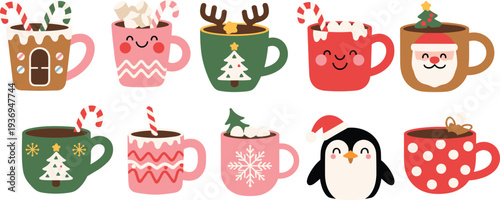 Cartoon holiday illustration featuring festive mugs with hot chocolate, candy canes, marshmallows, Christmas decorations, and penguin character, representing cozy seasonal celebration
