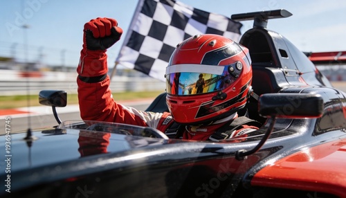 Triumphant Race Driver: A racing driver celebrates victory on the track, the checkered flag held high as the embodiment of speed and skill.