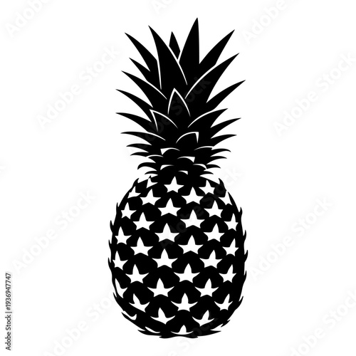 Black and White Pineapple Silhouette Illustration with Star Pattern

