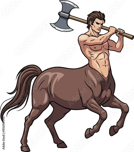 Muscular centaur charging while wielding large double headed axe