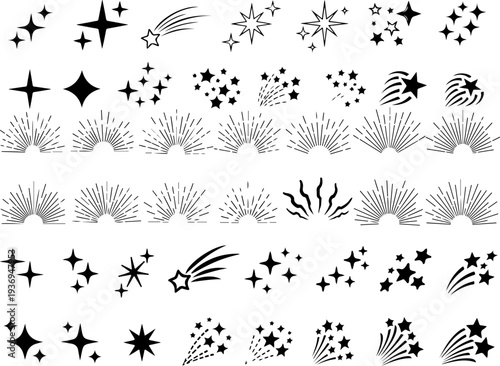 Doodle sparkle line vector set with hand drawn shining stars, comic burst shapes and decorative glowing star highlights. Cartoon explosion flashes, twinkle stars and firework style sparkle.eps