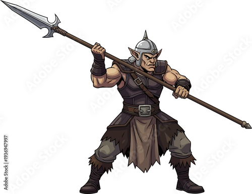 Muscular orc warrior brandishing a long metal spear