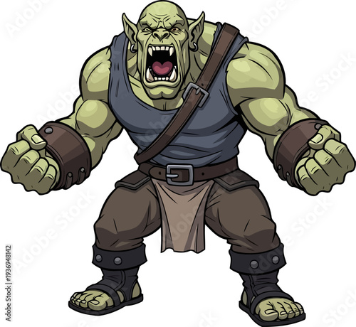 Powerful green orc warrior screaming with clenched fists in a battle stance