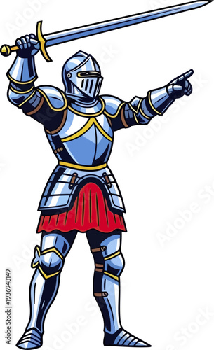 Noble commander knight pointing forward with sword raised