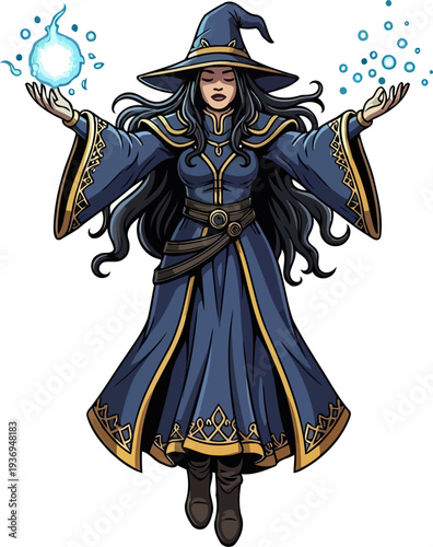 Powerful sorceress floating while casting blue magic energy spells