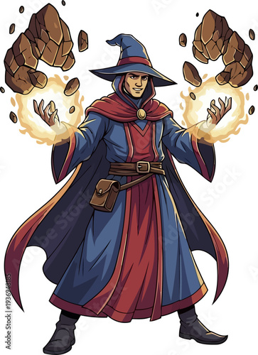 Powerful sorcerer levitating boulders with magical energy