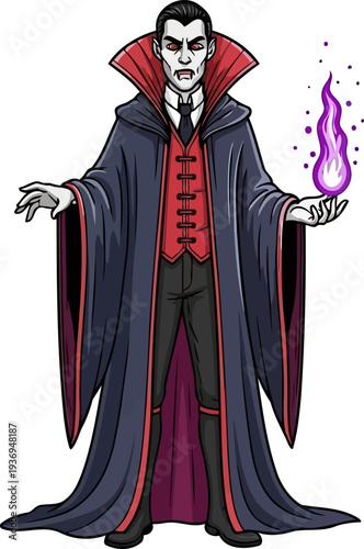 Powerful vampire lord conjuring a purple mystical flame