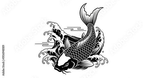 Japanese Koi Fish Illustration in Ink Style with Wavy Water