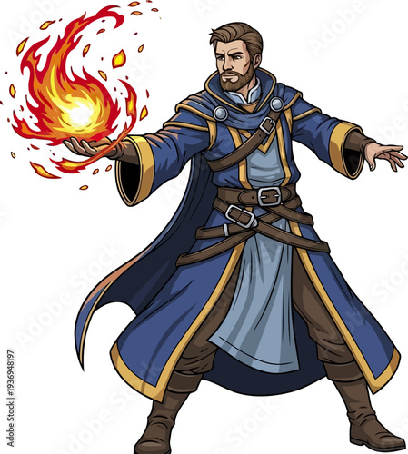 Powerful wizard casting a massive fireball spell