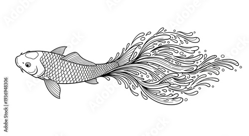 Elegant Koi Fish Illustration with Flowing Water Tail - Black and White Line Art