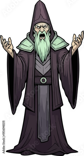 Sinister sorcerer in dark robes casting a powerful spell with raised hands