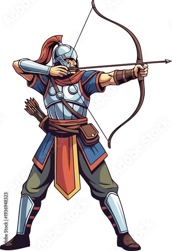 Roman style armored archer aiming a composite bow