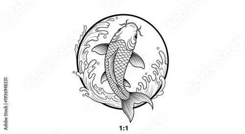 Koi Fish Illustration - Traditional Japanese Art Style, Water Splash