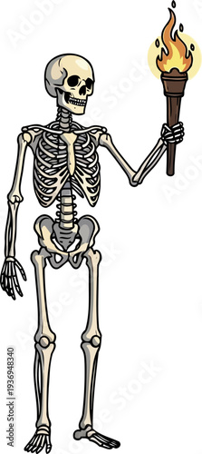 Skeleton holding a lit torch in a dark dungeon crawl