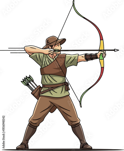 Skilled human archer aiming a longbow with precision and focus