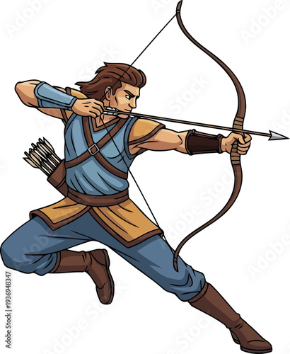 Skilled fantasy archer drawing a longbow in a dynamic combat pose