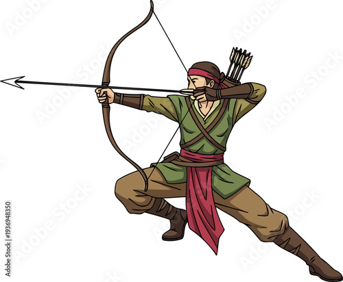 Skilled marksman archer aiming a bow from a low stance