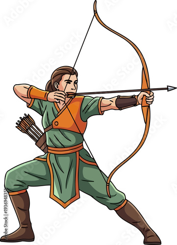 Skilled huntress pulling back a longbow string to aim an arrow