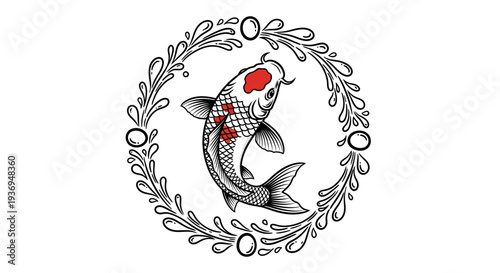 Koi Fish Emblem, Japanese Carp, Ornate Wreath, Traditional Art, Asian Culture