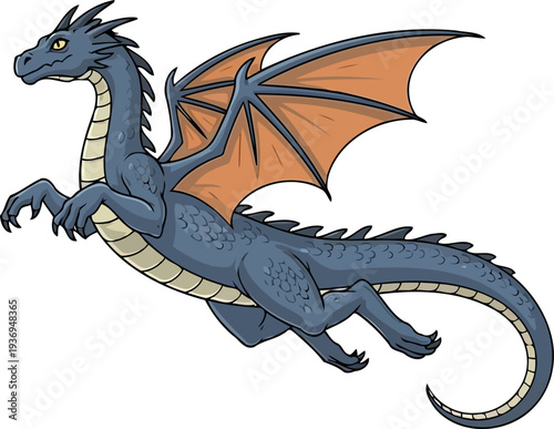 Sleek blue dragon flying with orange wings extended