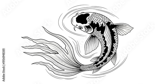 Black and White Koi Fish Swimming in Rippling Water, Traditional Japanese Tattoo Style