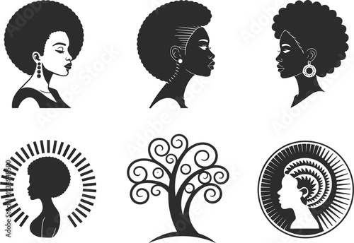 African woman afro hairstyle portraits and decorative tree symbol silhouette collection representing natural hair beauty culture icons isolated on dark background