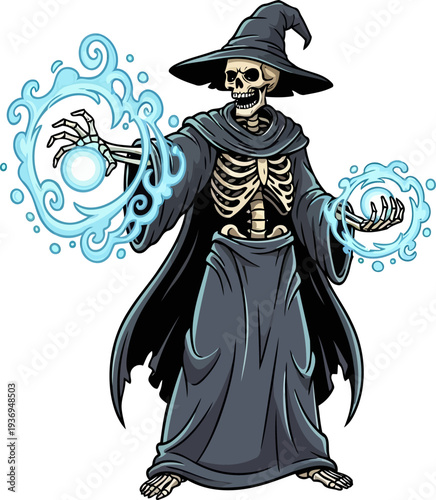 Undead lich sorcerer conjuring mystical blue energy spheres