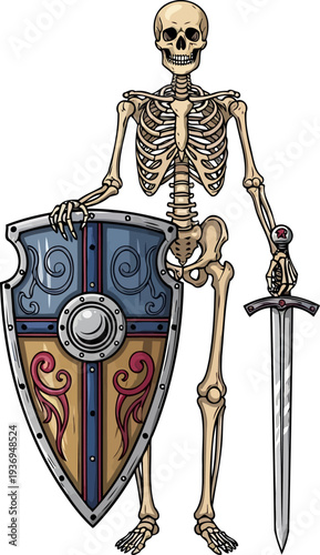 Undead skeleton warrior standing with ornate shield and sword