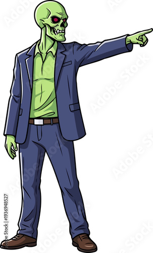 Undead zombie businessman in blue suit pointing his finger