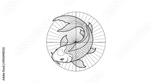 Elegant Koi Fish Drawing in Circular Zen Pattern - Black and White Vector Illustration