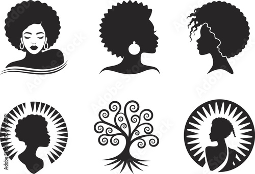 African woman silhouette collection with afro hairstyle portraits and decorative tree symbol vector set isolated on dark background