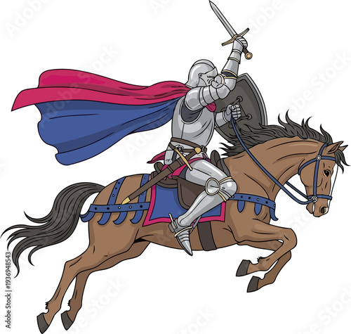 Valiant knight in silver armor charging on a galloping brown horse