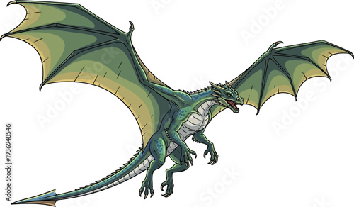 Vibrant green dragon soaring through the sky with wings open