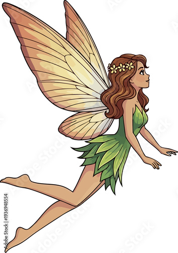 Whimsical forest fairy flying with large butterfly wings
