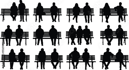Black and white vector set of people silhouettes sitting on wooden benches in various poses for urban park and public space design.
