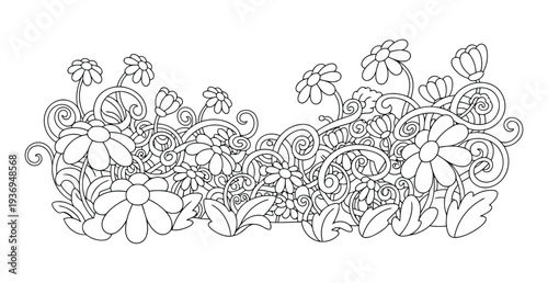 Floral coloring page with intricate garden flowers and swirling vines