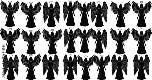 Black angel silhouette icons set, heavenly spiritual figures with wings and halos, divine celestial beings collection, religious guardian spirits vector art.