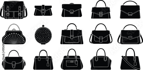 Black silhouette fashion handbag icons set, luxury leather purses, elegant women accessories collection, stylish female bags for web design and retail.