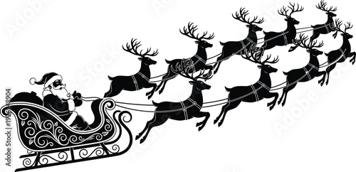 Black silhouette of Santa Claus in a decorative sleigh pulled by reindeer, Christmas Eve flight, holiday vector illustration, and winter celebration. (20 words)