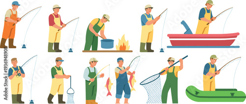 Cartoon fishing illustration featuring twelve diverse scenes of people casting lines, catching fish, cooking, boating, and displaying catches, representing recreational outdoor activity and lifestyle