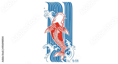 Japanese Koi Fish Jumping Through Waterfall Waves, Red and White Carp Illustration