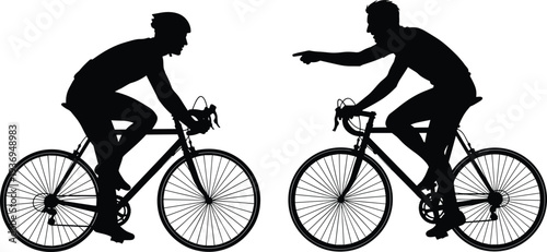 Black silhouette of two male cyclists riding road bikes, one athlete pointing forward, competitive cycling, outdoor sports, and fitness vector. (21 words)