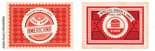 1950s diner stamp logo, Homestyle Burgers & Shakes, badge emblem style, faded red and cream colors, distressed texture, vintage Americana look