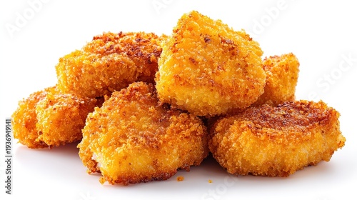 Delicious crispy golden chicken nuggets isolated on white background, heap of fried breaded chicken pieces, fast food snack concept, high quality studio photography for menu design.