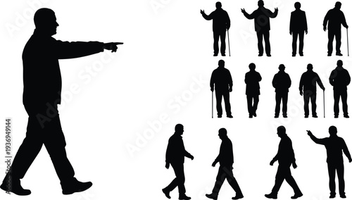 Collection of elderly man silhouettes in various poses including walking, pointing, standing with a walking stick, and active senior lifestyle silhouettes.
