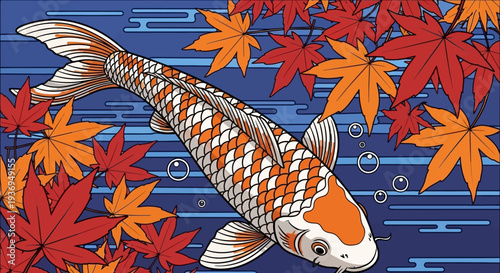 Vibrant Koi Fish Swimming Among Autumn Maple Leaves in Rippling Water